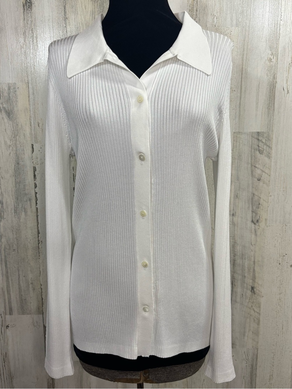 Babaton White Ribbed Knit Button-Up Cardigan
